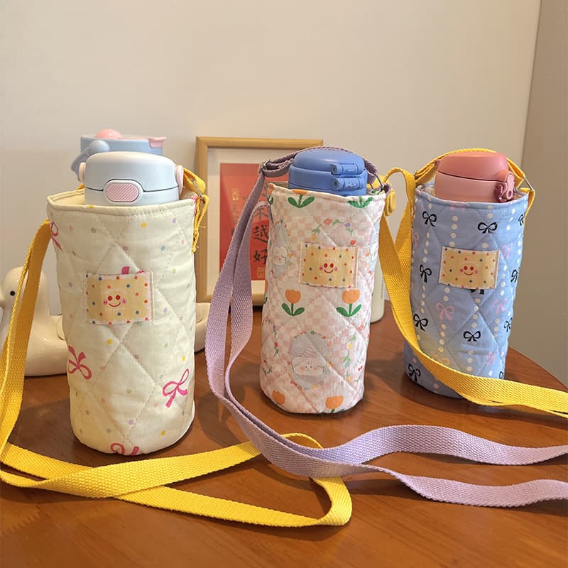 Portable Large-Capacity Water Bottle Holder Cartoon Flower Kids Canvas Cup Bag Crossbody Insulated Cup Cover