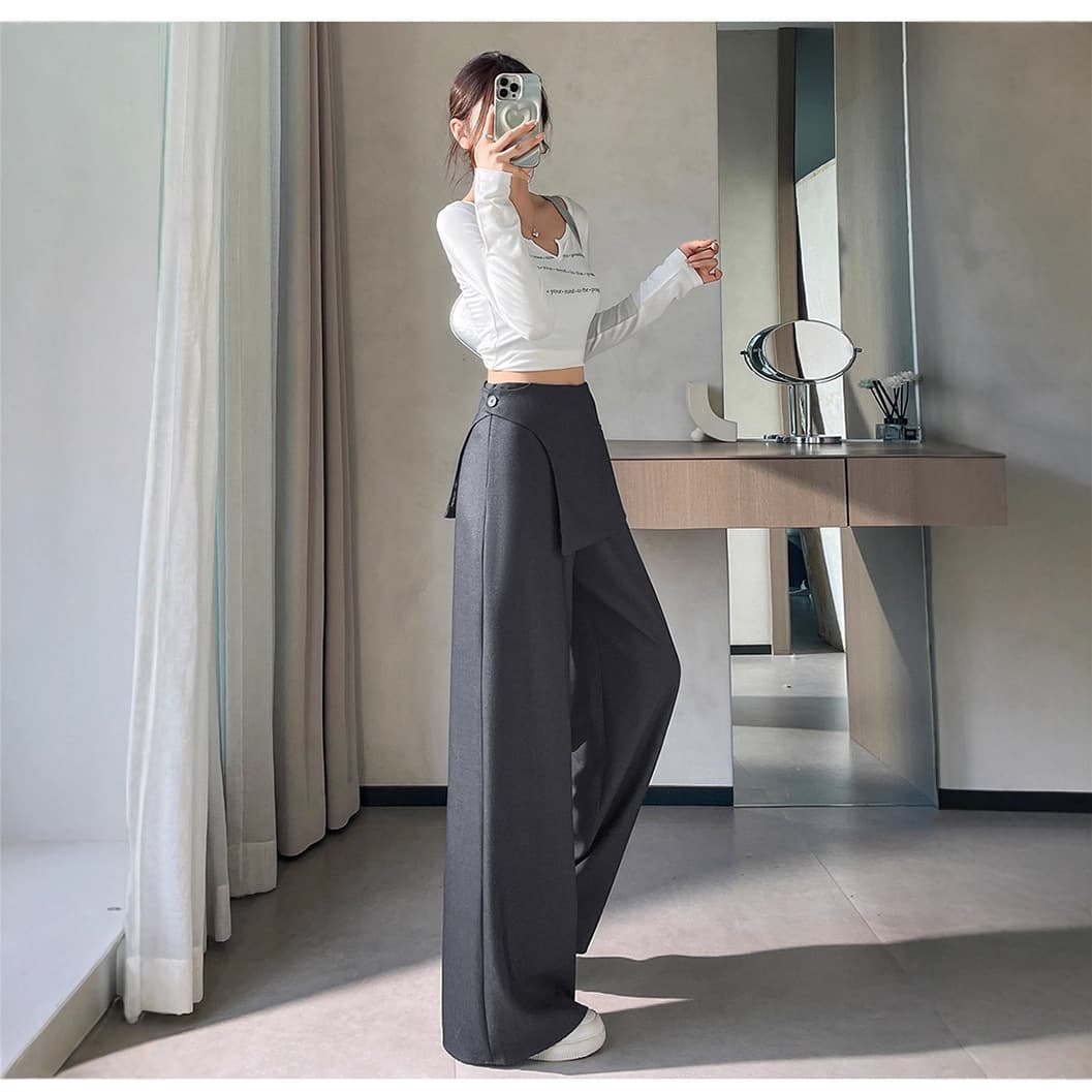 Gray Apron-Style Straight-Leg Pants for Women, New Spring/Autumn Design with Faux Layered Overlap, Slim-Fit Wide-Leg Trousers