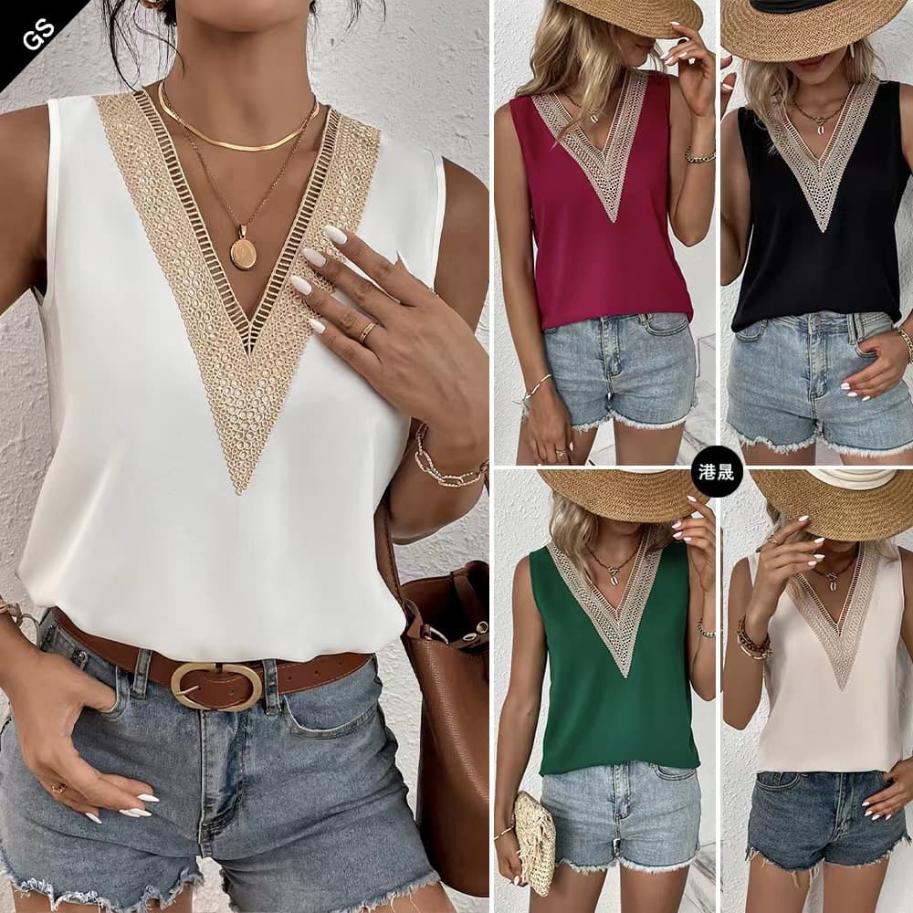 European and American cross-border 2023 summer new lace V-neck pullover loose casual shirt base sleeveless vest women's