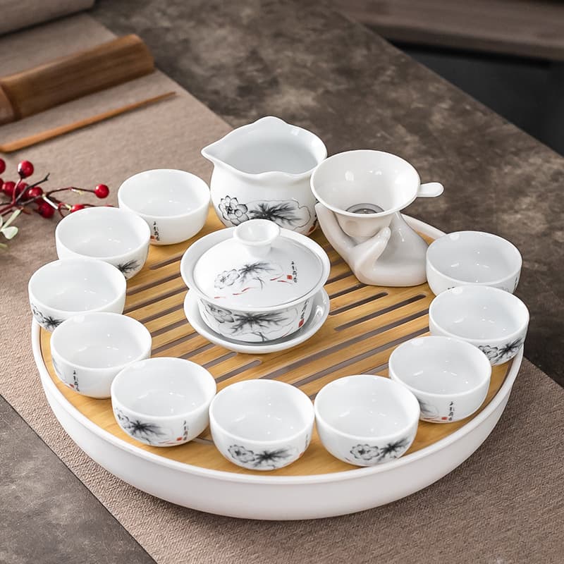 Kung Fu Tea Set for Home, Minimalist Living Room Complete Set Ceramic Gaiwan Teacup Tray Water Storage Tea Tray Melamine Tray