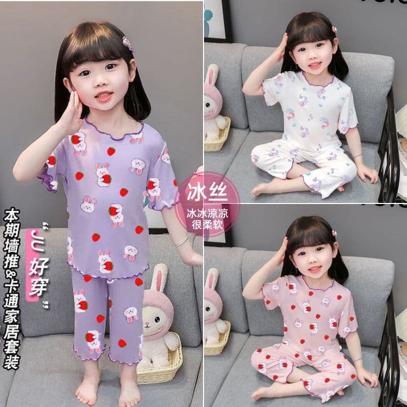 Children's pajamas summer ice silk girls short-sleeved home clothes baby girls summer thin air-conditioned clothes cute set