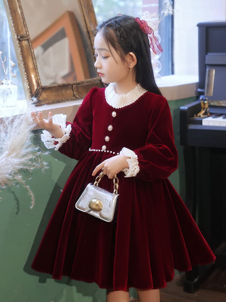 Wine Red Princess Dress for Little Girl Birthday French Style Autumn Long Sleeve Flower Girl Daily Gown