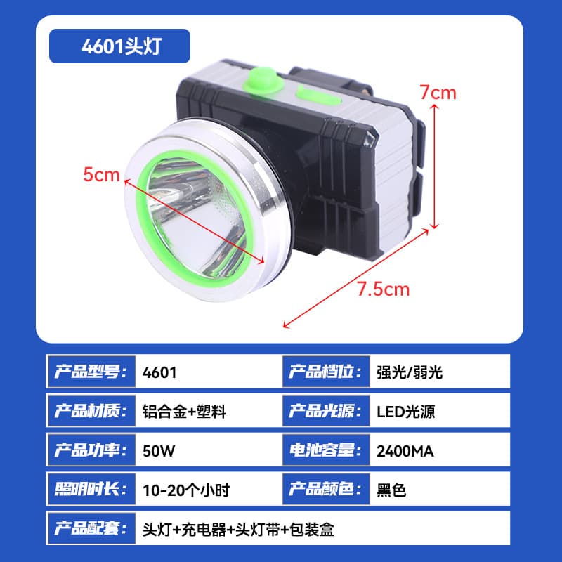 Headlamp High Power LED Bright Light Lithium Battery Rechargeable Battery Green Camp Night Fishing Waterproof Headlamp