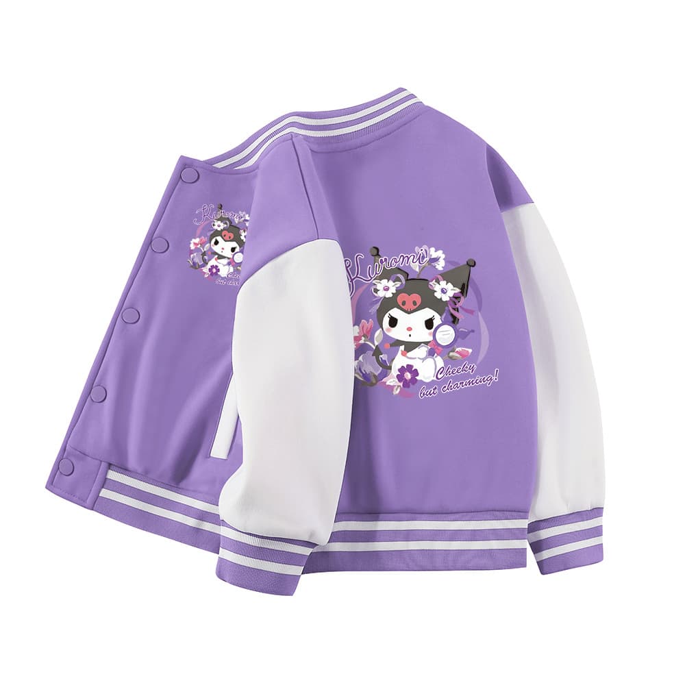 Kuromi Girls Jacket Spring Autumn New Fashion Faux Fur Lined Top Children's Baseball Coat