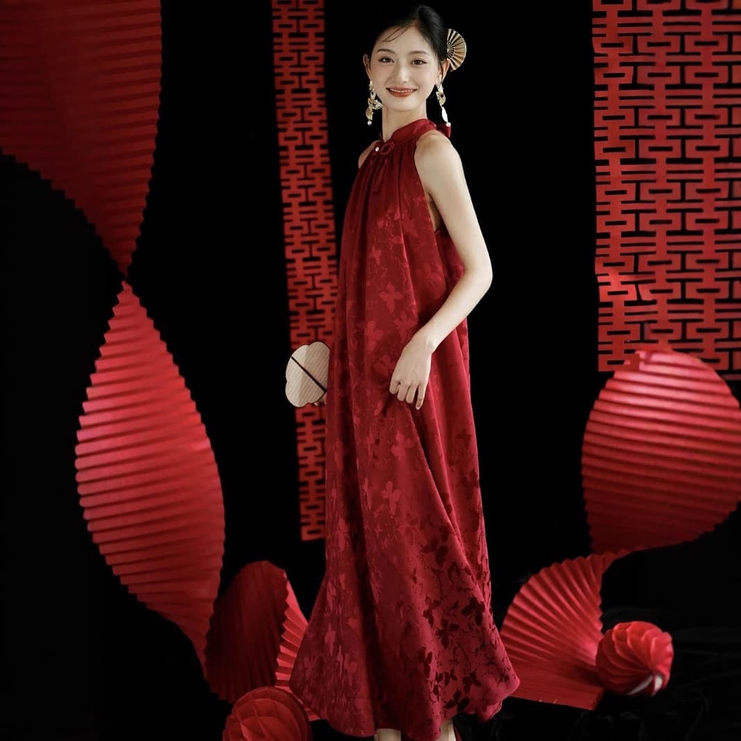 New Chinese-Style Red Cheongsam with Necklace for Pregnant Women, Toast Dress, Plus Size Engagement Dress, Morning Robe, Bridal Dress Covering Belly