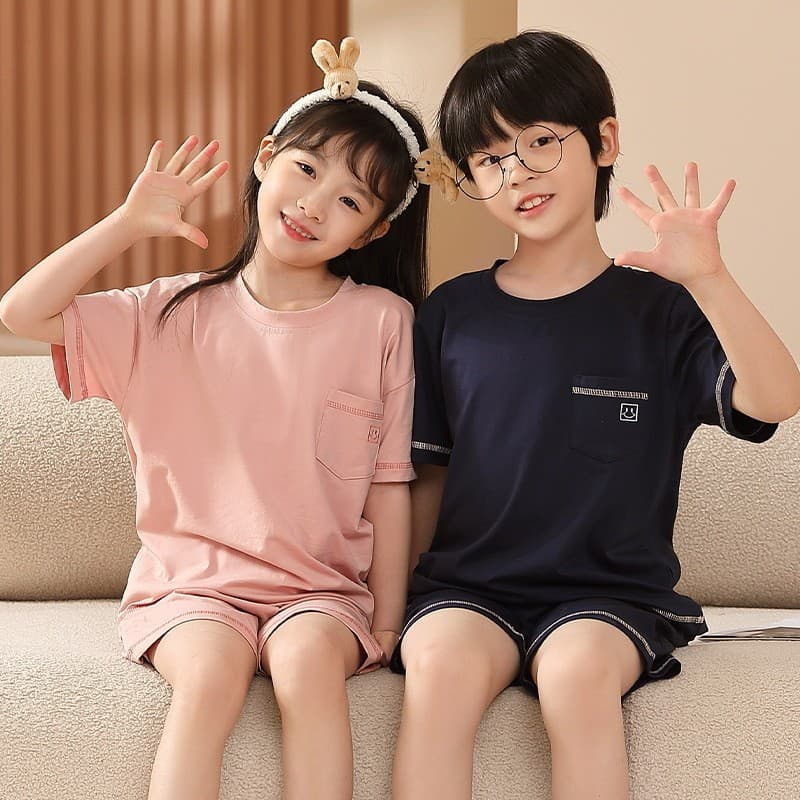 Children's Summer Sleepwear Thin Cotton Short Sleeve Shorts Home Clothes Cartoon Print Unisex Kids' Pyjamas Breathable Comfortable