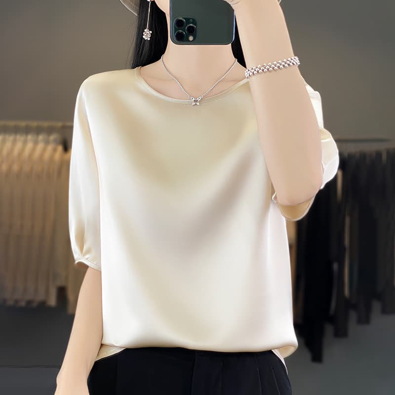Round neck silk short-sleeved women's spring and summer quarter-sleeved satin T-shirt loose thin mulberry silk acetate top with inner