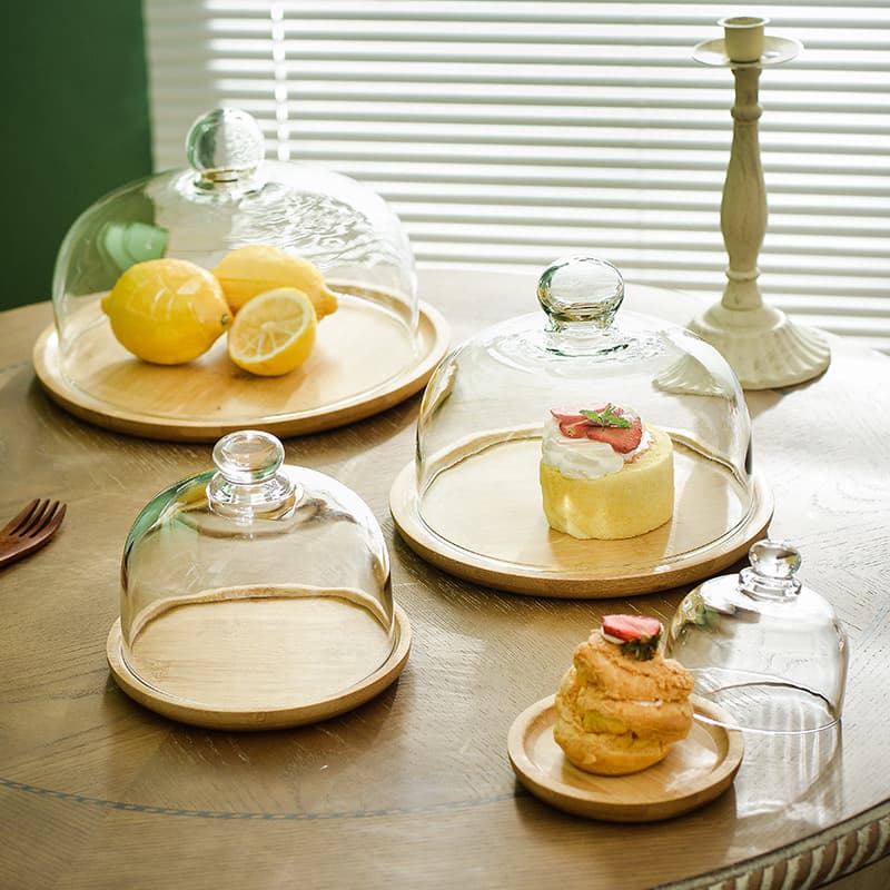 Lychee Sea Ins Style Cake Plate Glass Dome with Tray Dustproof Display Bread Pastry Cake Plate