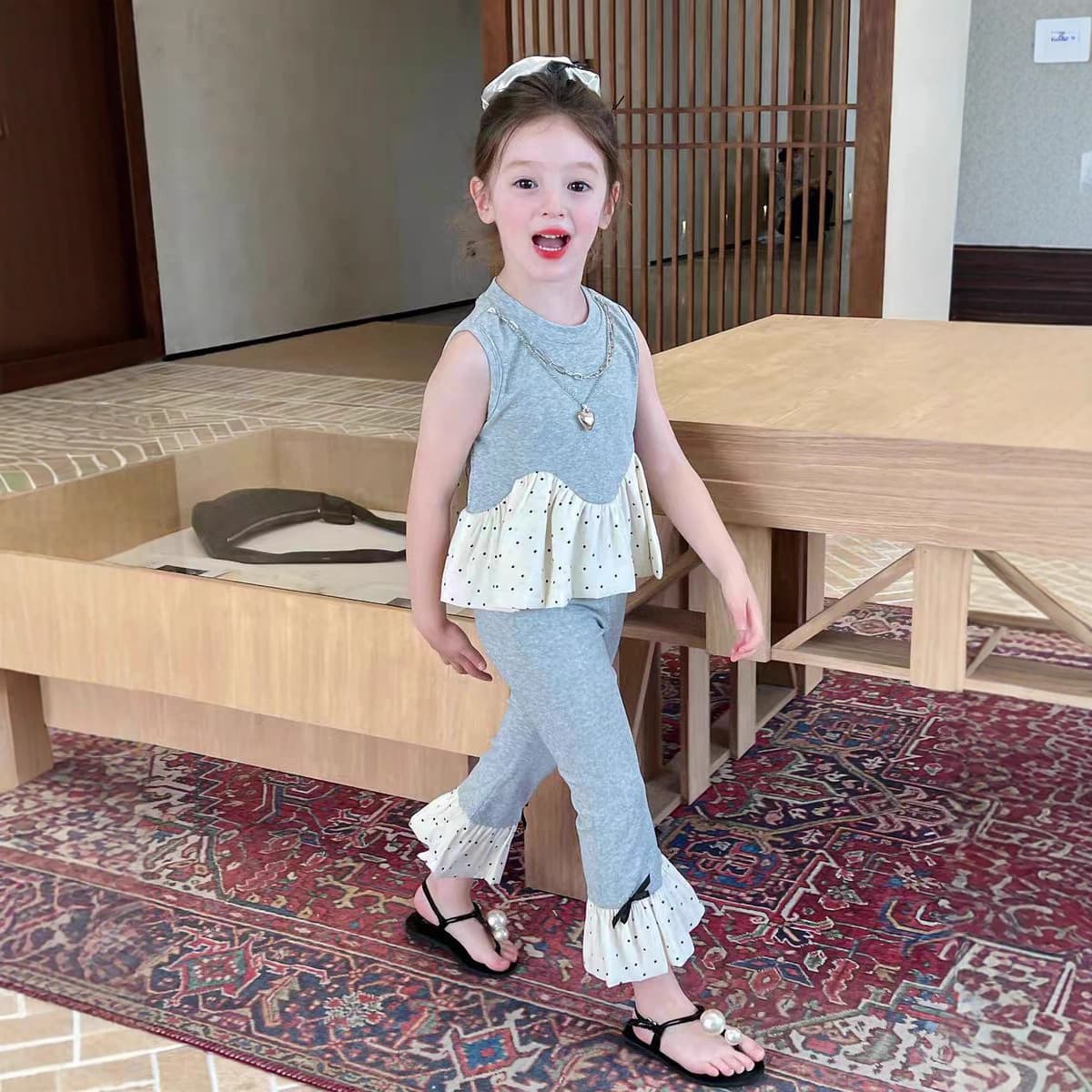 Girls' Sleeveless Lace Flared Pants Set Summer Little Girl Bud Little Fragrance Vest Micro Flared Pants Two-Piece Korean Style