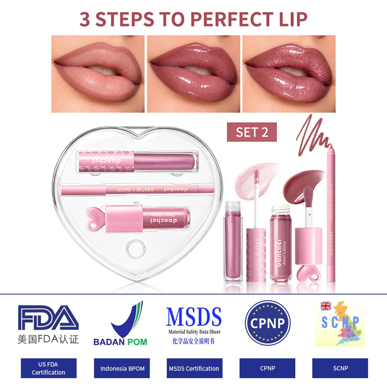 Cross-border exclusive love lip makeup three-piece set, lip liner, lip glaze, glitter lip gloss, moisturizing, water-glossy mirror lip makeup