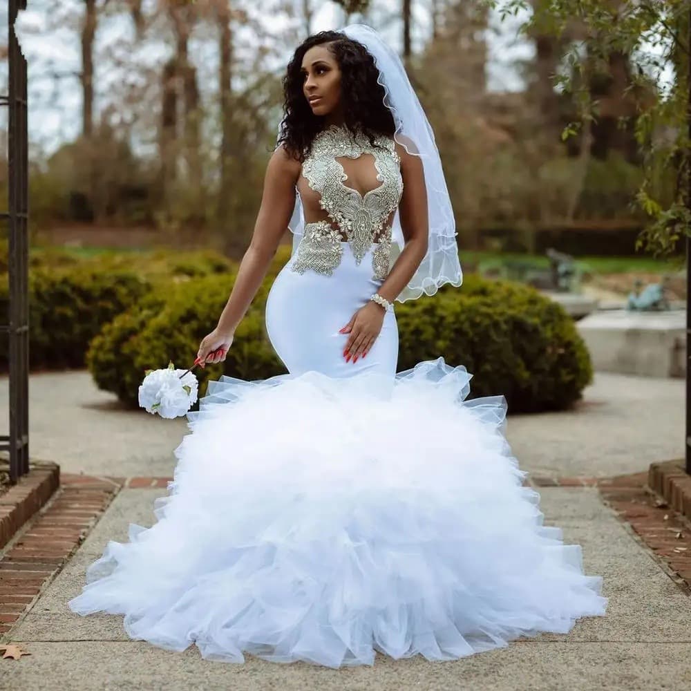 European and American Cross-border Wedding Dress High-end Sleeveless Waist-cut Rhinestone Lace Mermaid Wedding Dress Bride Main Dress with Long Train