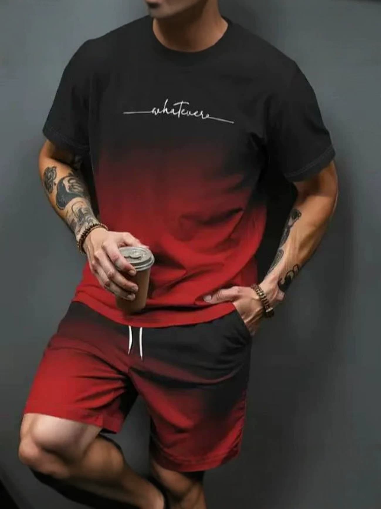 2026 New Men's 3D Printed Round Neck T-Shirt Gradient Fashion Cool and Thin Men's Trendy Shorts Casual Set