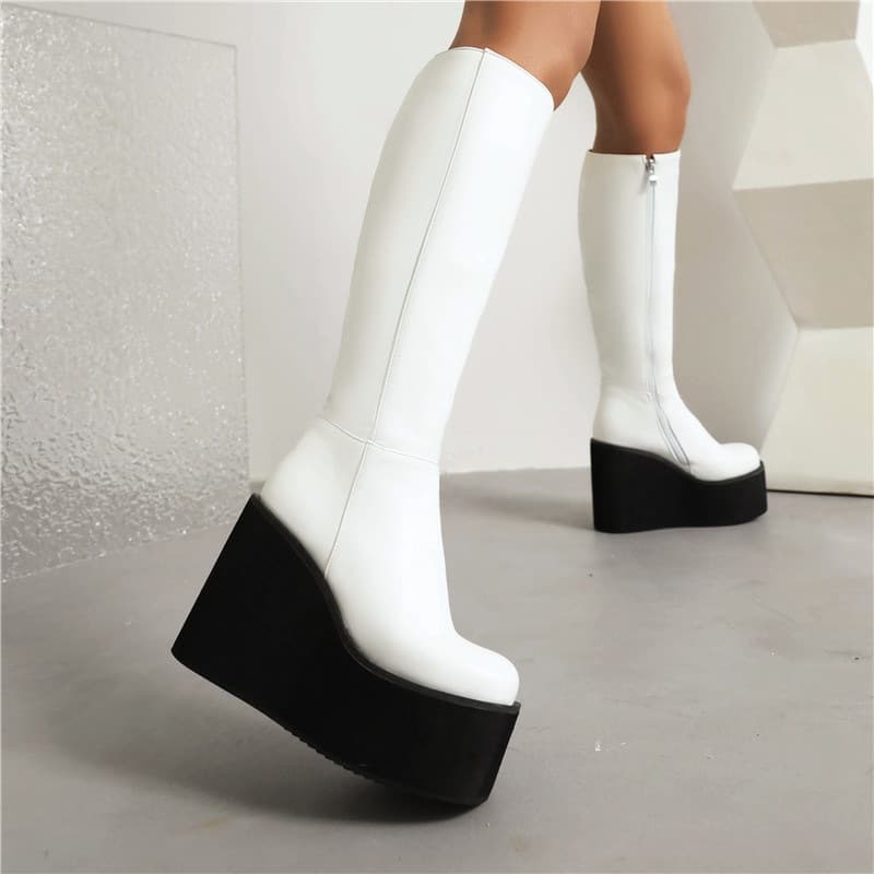 New Autumn/Winter Platform Thick Sole Over-the-Knee Boots for Women, Black Side Zipper Wedge Heel Long Boots, Knight Style