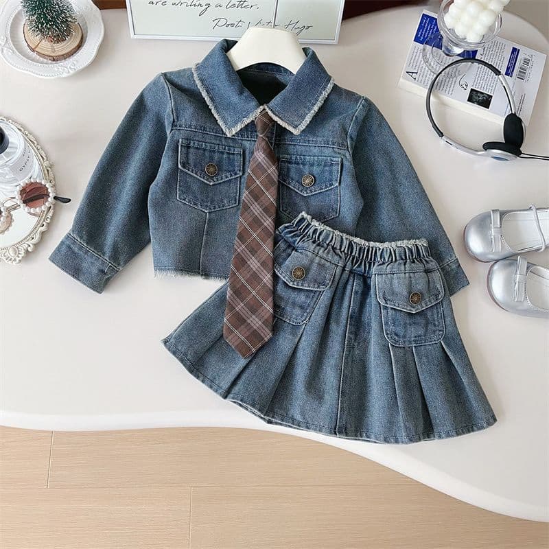 Girls fashion denim suit 2025 new spring and autumn children's Korean style denim jacket pleated skirt two-piece set