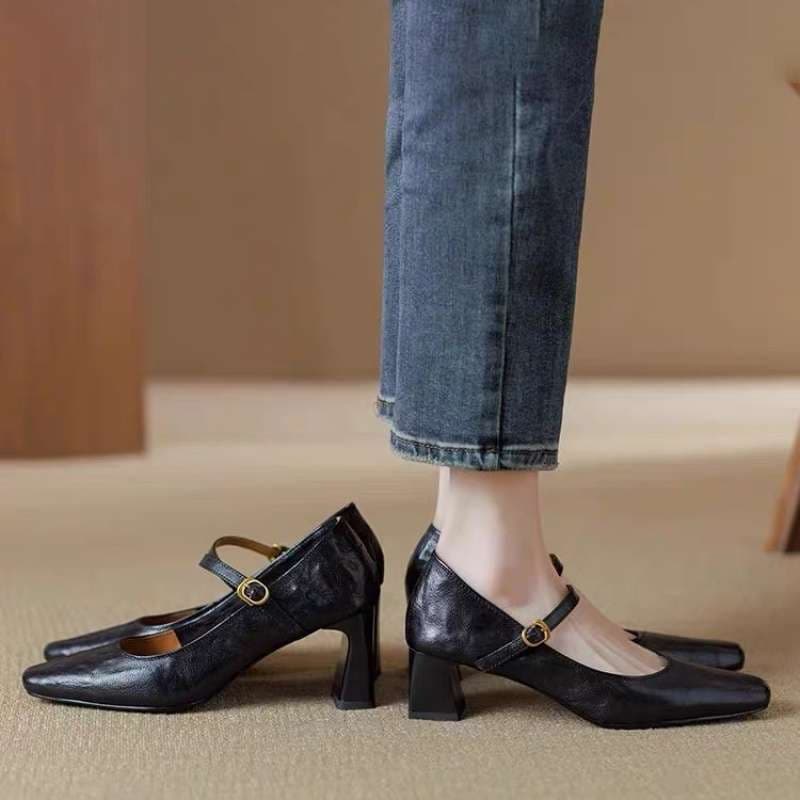 Square-toe high heels 2025 spring/autumn new arrival French vintage minimalist Mary Jane pumps for women