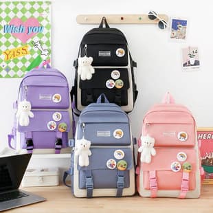 Student Backpack Fresh Campus Style Fashionable Laptop Backpack 4-Piece Set Korean Casual Lightweight Travel Bag