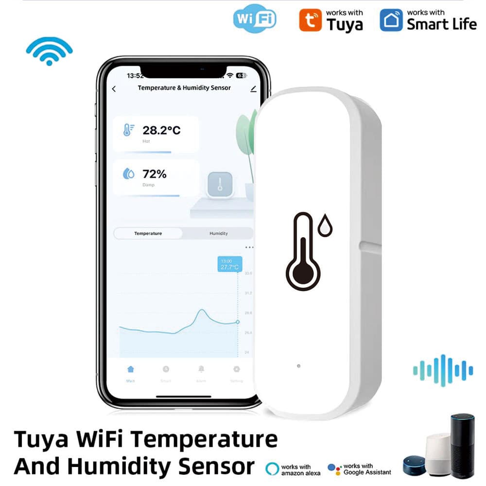 WIFI-enabled smart temperature and humidity sensor with wireless temperature and humidity sensor and remote control via mobile app.