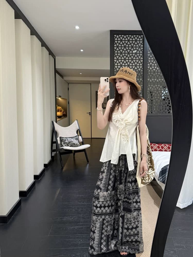Summer Home Cotton Silk Sleep Pants Beach Cropped Pants Plus Size Loose Casual Wide Leg Pants High Waist Walking Pants