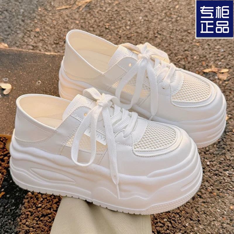 Women's Thick-Soled White Casual Shoes, Autumn Mesh Shoes, Breathable Mesh Two-Way Half Slippers, Sports Skate Shoes to Pair with Wide-Leg Pants