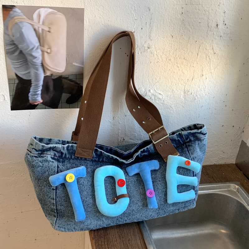 Washed Distressed Denim Tote Bag Large Capacity Y2K Plush Letter Colorful Buttons Student Commuter Shoulder Bag