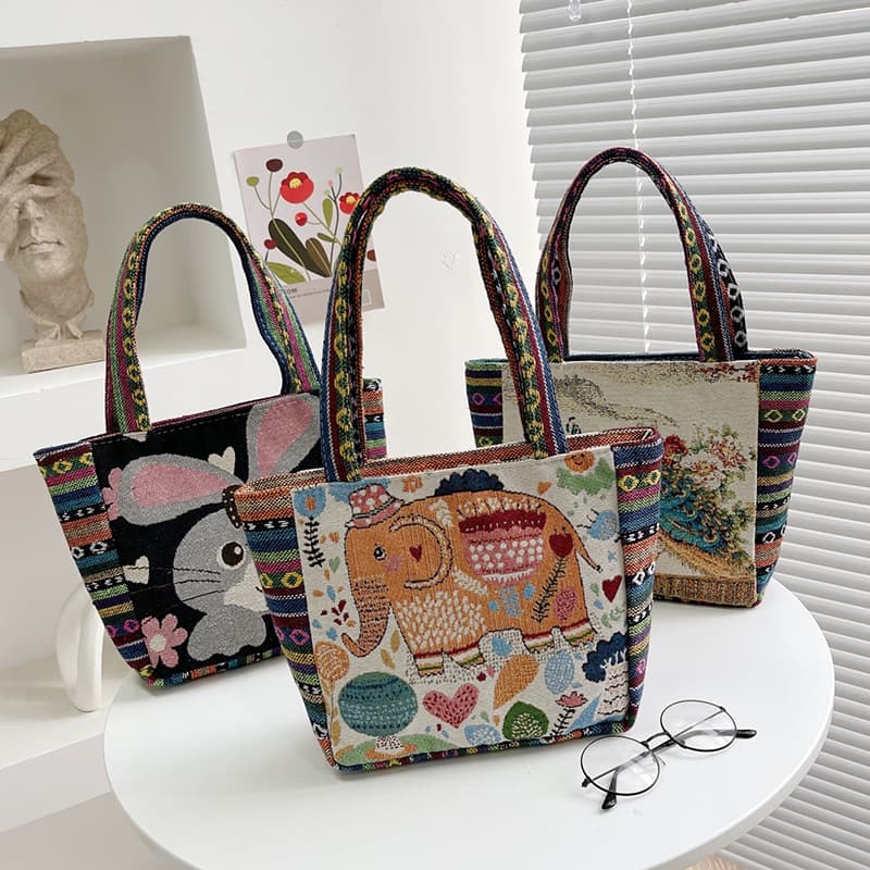 Wholesale Handbag for Middle-aged Women, Ethnic Style Canvas Bag, New Double-sided Embroidered Small Square Bag