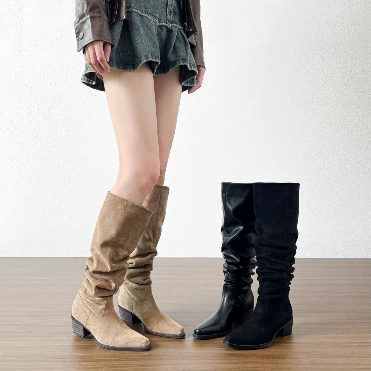 In-Stock Two-Way Boots for Women, Autumn and Winter New Wide-Leg Chunky Long Boots, Korean Style Flat Slouch Boots, Suede Long Boots