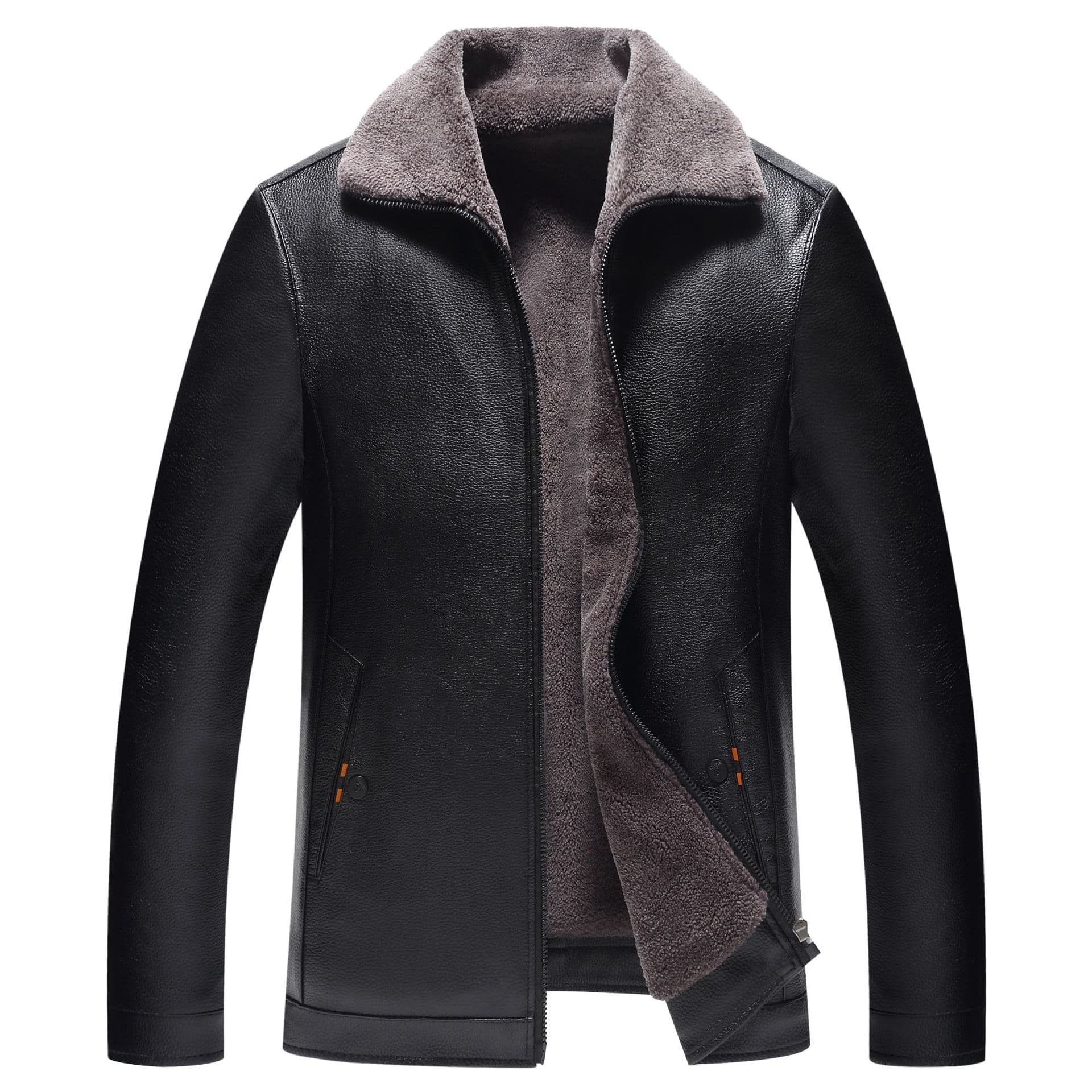 New PU Leather Jacket for Middle-Aged and Elderly Men, Fur-Lined, Stand Collar, Thickened, Warm, Men's PU Leather Coat