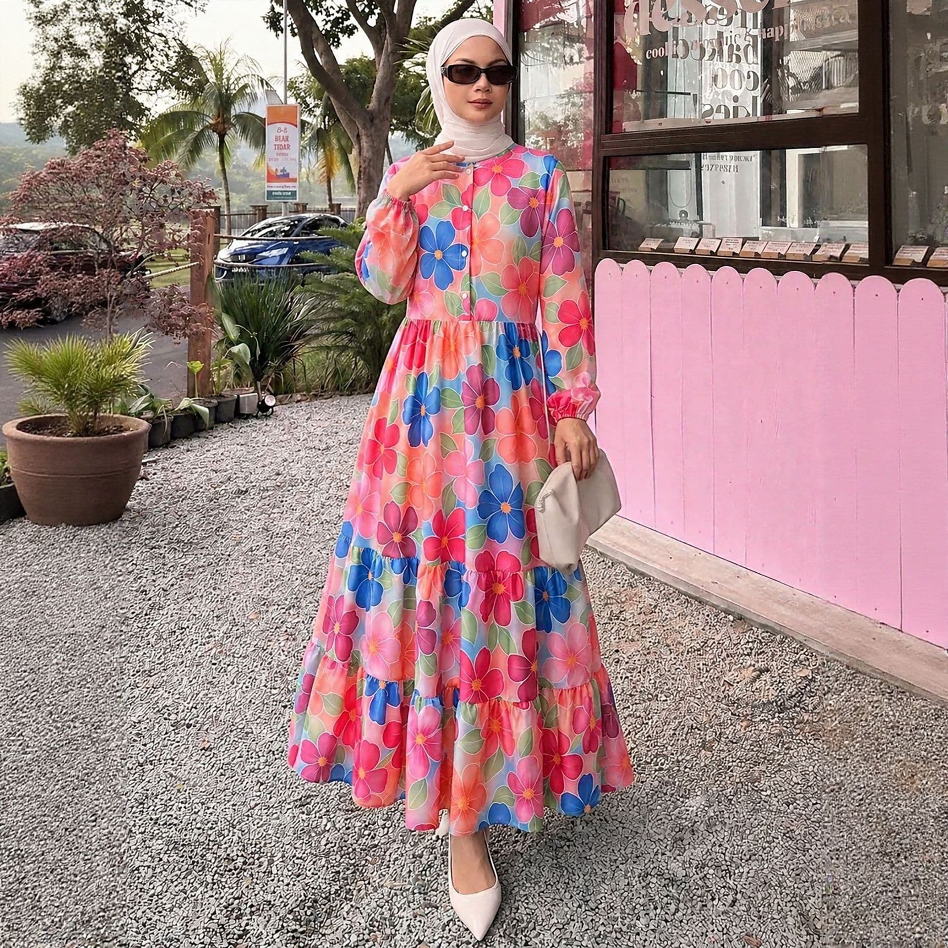 M391 Factory Direct Drop Shipping Robe Cross-Border New Print Long Dress Women's Lantern Sleeve Cake Dress Loose Fit
