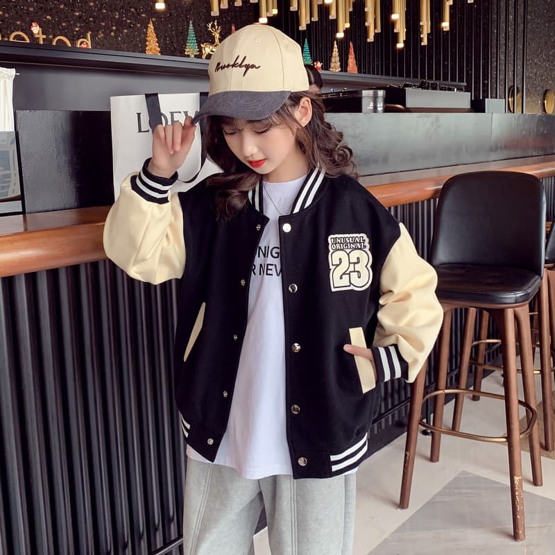 Girls Baseball Jacket Spring Autumn Fashionable Kids Wholesale Medium Large Children Soft Polyester Long Sleeve round Neck Coat