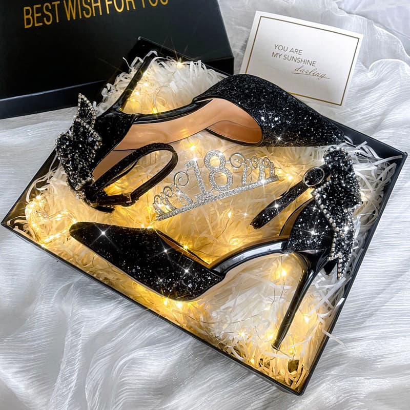 Spring/Autumn Bride 18-Year-Old Crystal Princess Coming-of-Age Ceremony Bow "Man-Killer" High Heel Wedding Shoes Women Single Strap Slim Heel Sandals
