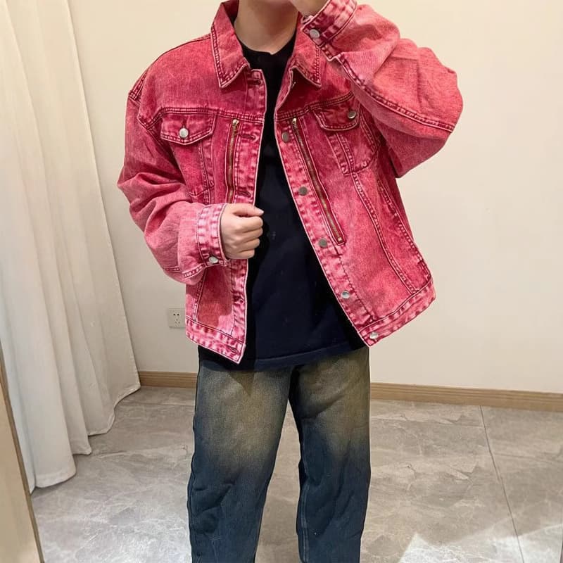 Short Maroon Denim Jacket Men's Spring Autumn American Vibe High Street Zipper Design Collar Workwear Jacket Cotton Polyester