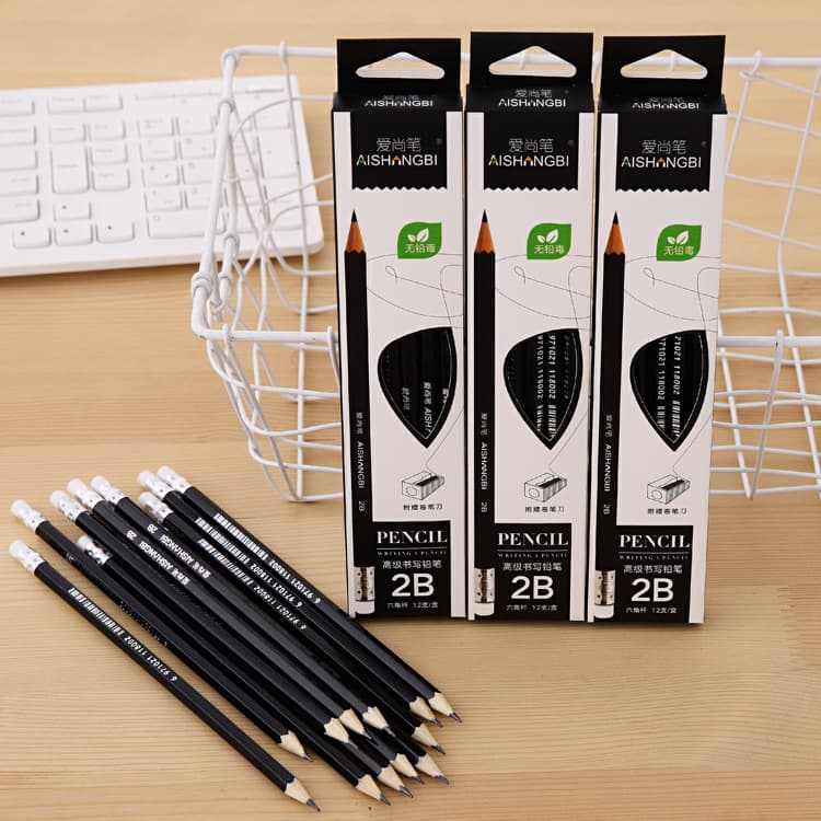 Simple Black 2B Pencil with Sharpener, Hexagonal Barrel Pencil for Middle School Exams, Drawing, and Sketching Art Supplies