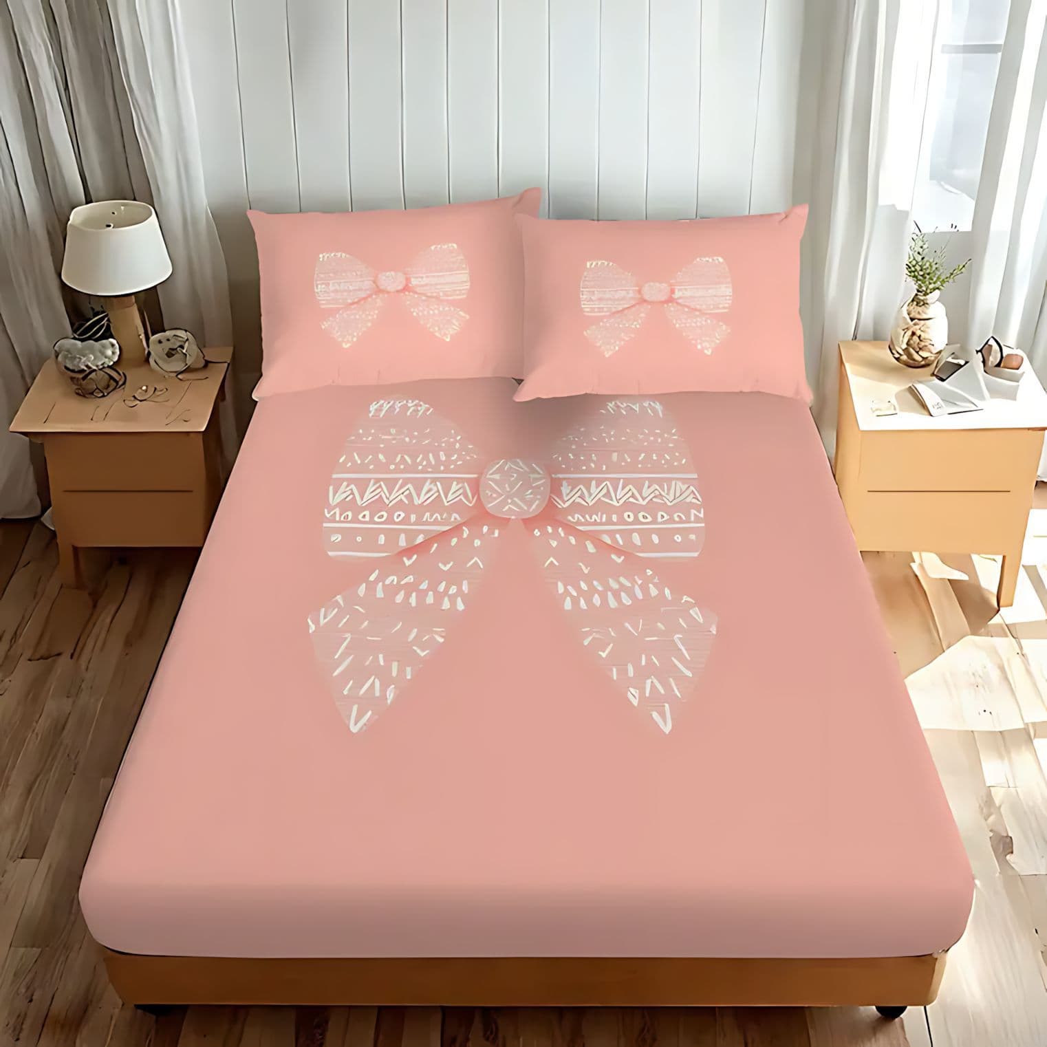 TEMU/JIT Cross-border Pink Bow High-definition Digital Print Bed Sheet Pillow Case Bedding Set
