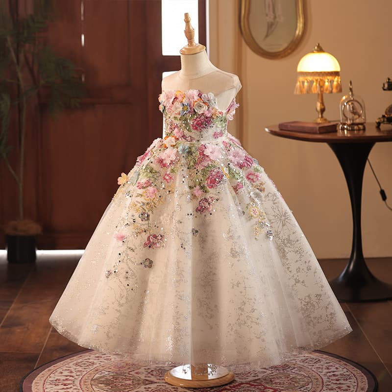 Girls' Formal Dress High-End French Forest Style Floral Little Host Catwalk Piano Performance Dress Birthday Flower Girl Princess Dress