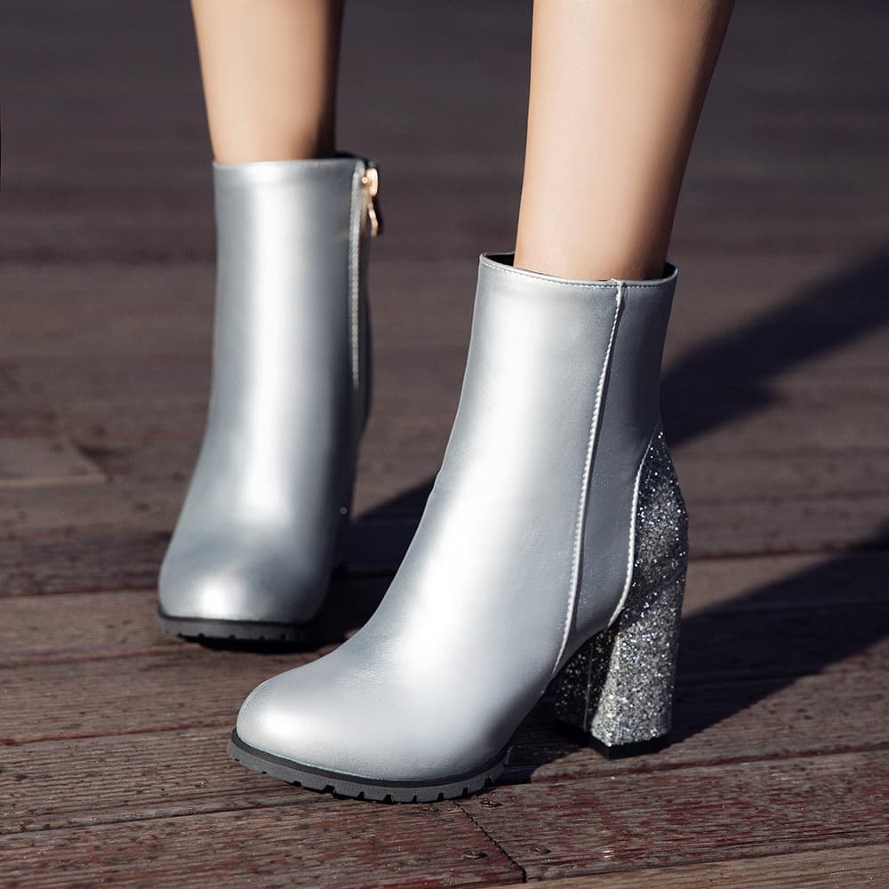 31-50 Size European and American Spring Fashion Color Matching Sequins High Heel Women's Boots Round Toe Side Zipper Short Boots G943