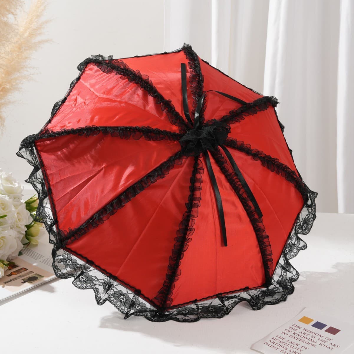Black Lace Red Umbrella Princess Parasol Wedding Bridal Photography Prop Decoration Adult Lace Umbrella Bride