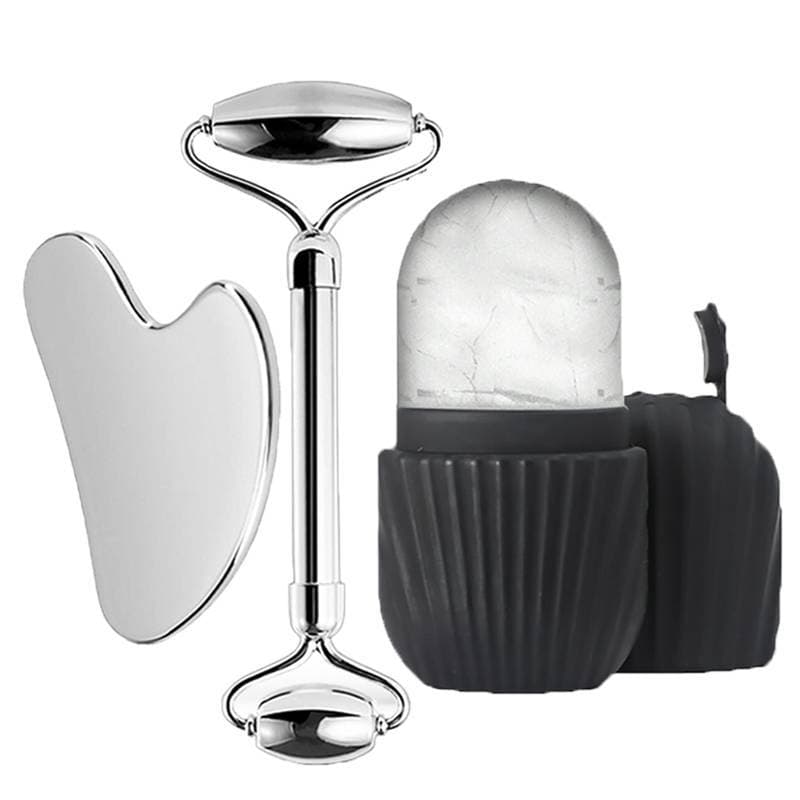 Stainless Steel Face Ice Cube Tray Set with Ice Roller, Portable Facial Gua Sha Board Care Tool, Silicone Face Ice Cube Tray