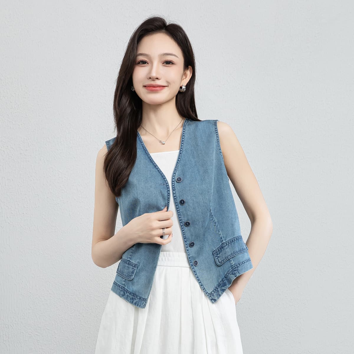 Yifei Tencel Lyocell Denim Vest Women Short Summer Jacket Casual Slim Fit Thin Waistcoat