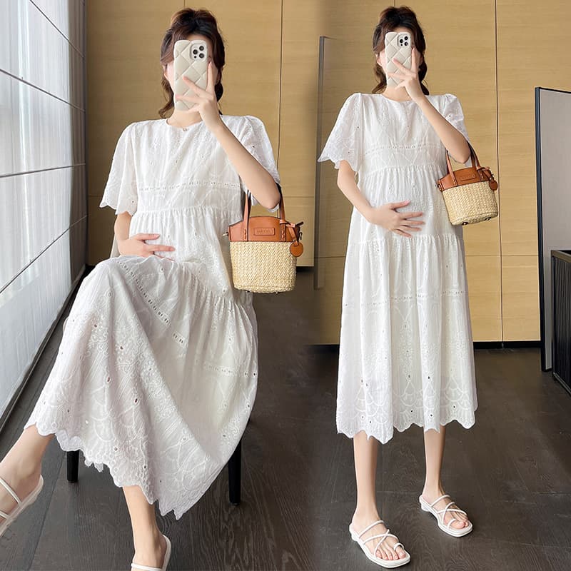 Maternity Dress 2025 Summer New Arrival Cotton Embroidered Loose Short Sleeve Maternity Dress