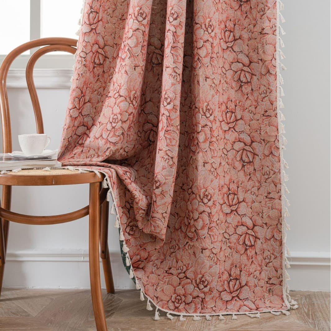 Qixin Curtain Black Jacquard Floral Tassel Curtain Finished Kitchen Curtain Bay Window Semi-Blackout