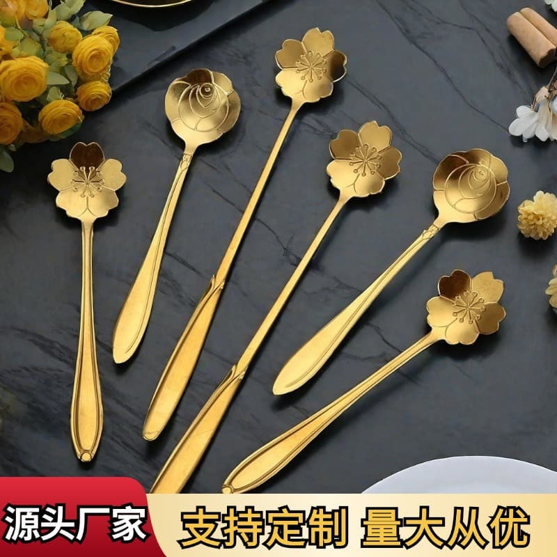 Stainless Steel Flower Spoon, Cherry Blossom Rose Spoon, Wedding Long Handle Heart-Shaped Spoon, Coffee Stirring Spoon, Gift for Bird's Nest Honey