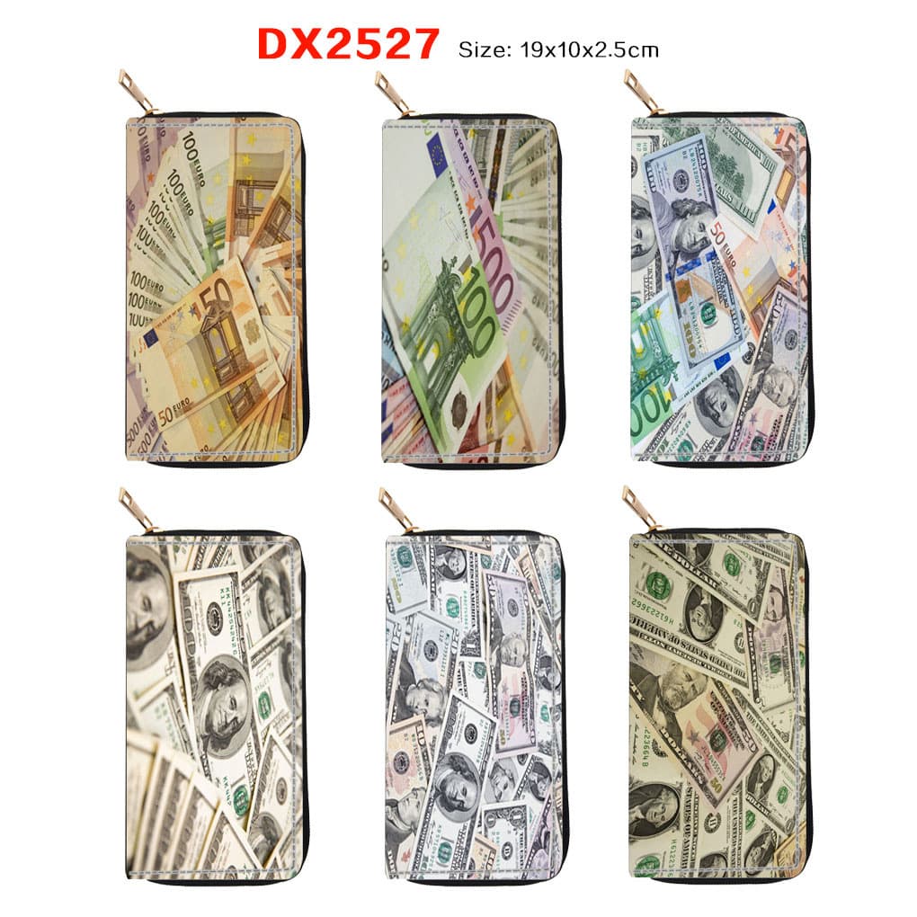 Cross-border dropshipping USD/EUR PU long zipper wallet 2527 purse/clutch bag with custom-made prints based on provided images.