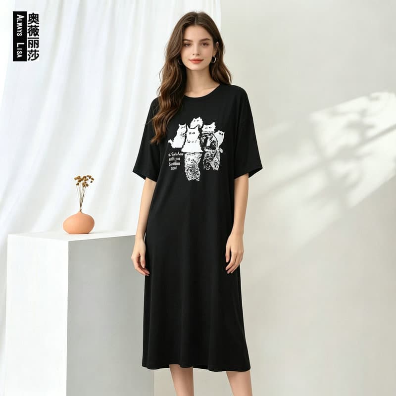 Cat Print Round Neck Modal Nightgown Plus Size for Women, Thin Sleepwear for Pregnant Women, Mid-Length Oversized Home Dress