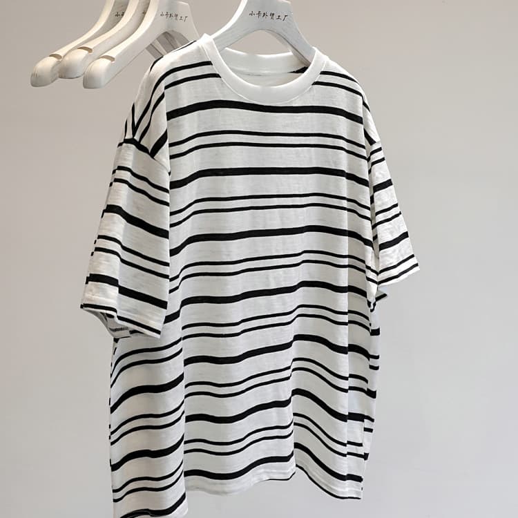 Upgraded Fabric Linen Bamboo Cotton Thin Striped Round Neck Short-Sleeve T-Shirt for Women, Lazy Hong Kong Style Loose Base Shirt for Women