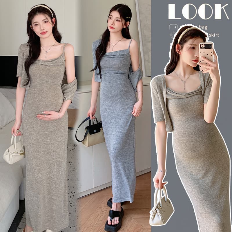 Maternity Dress Set Fashionable Bodycon Pencil Dress Summer Trendy Pure Cotton Long Dress Two-Piece Set