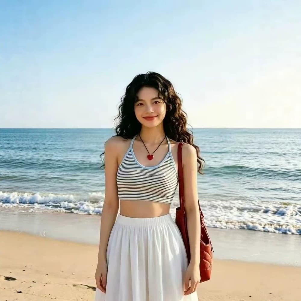 Sexy Halter Top with Built-in Pads, Strappy Back, Sleeveless Vest, New Summer Striped Fitted Crop Top