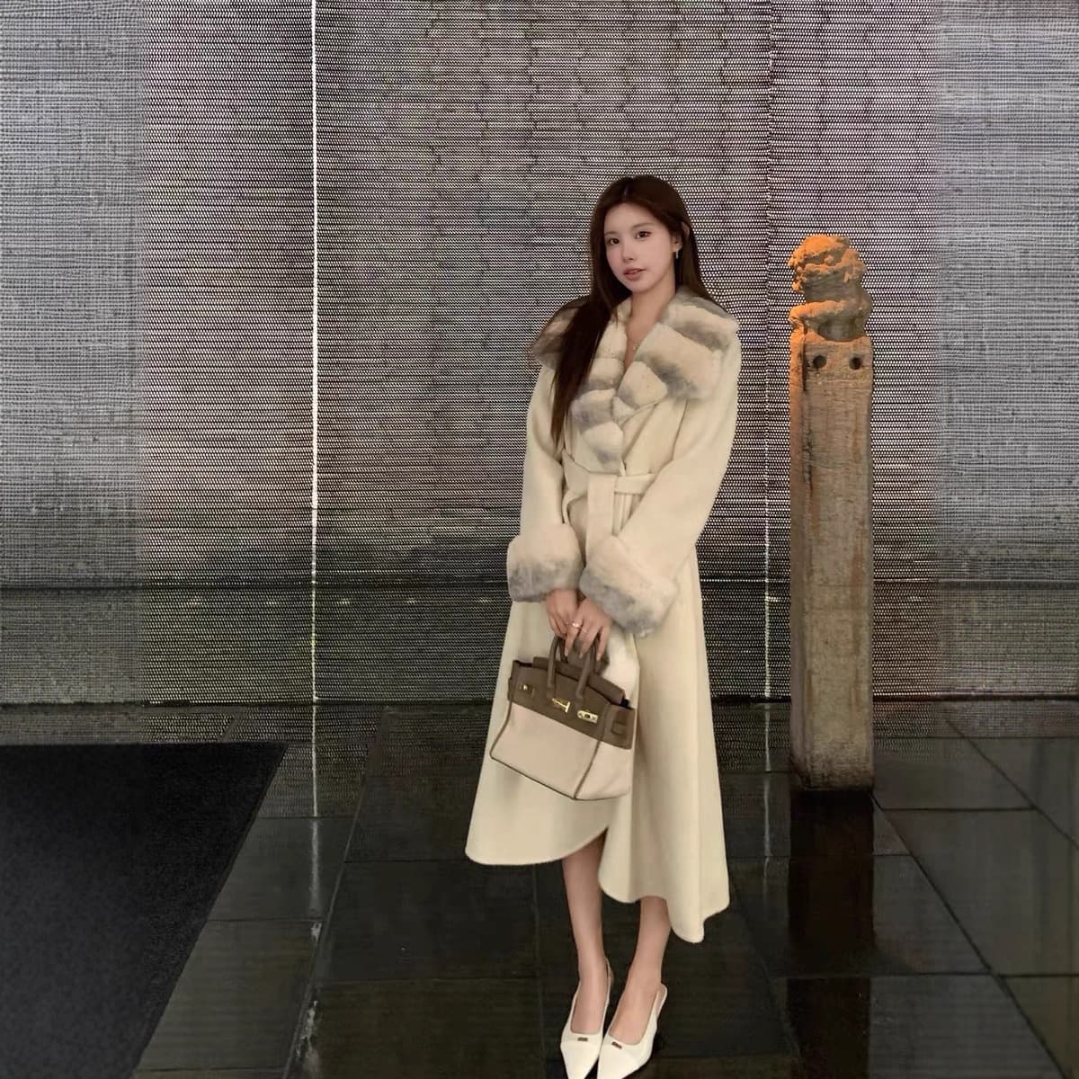 High-end rex rabbit fur collar double-sided cashmere coat women's long big-name temperament high-end woolen coat fur coat