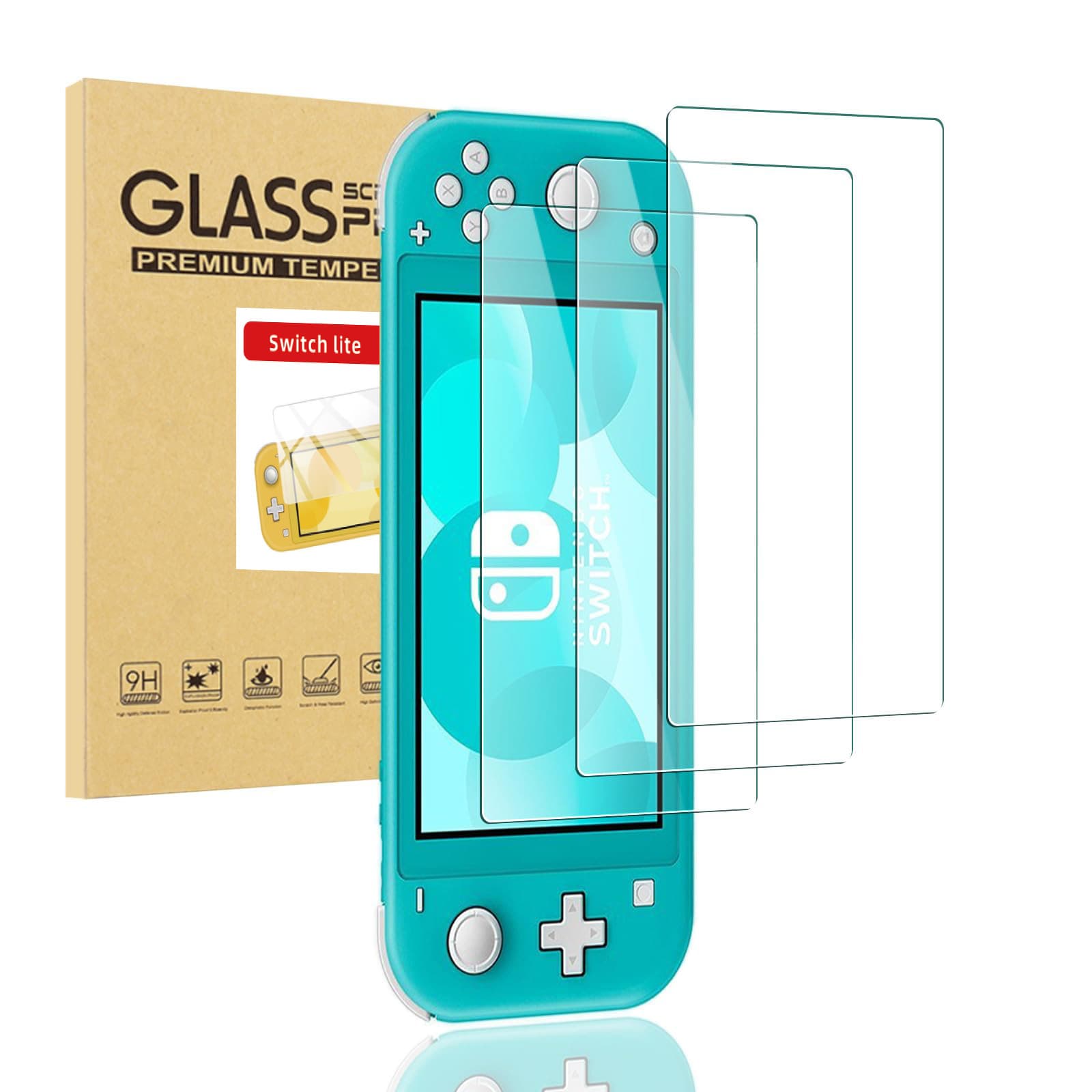 Nintendo Switch tempered glass screen protector set for OLED and Lite, packaged in a gift box with original packaging.