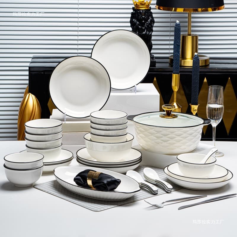 Black line dish set simple Nordic ceramic tableware rice bowl plate noodle bowl soup bowl home gift wholesale housewarming