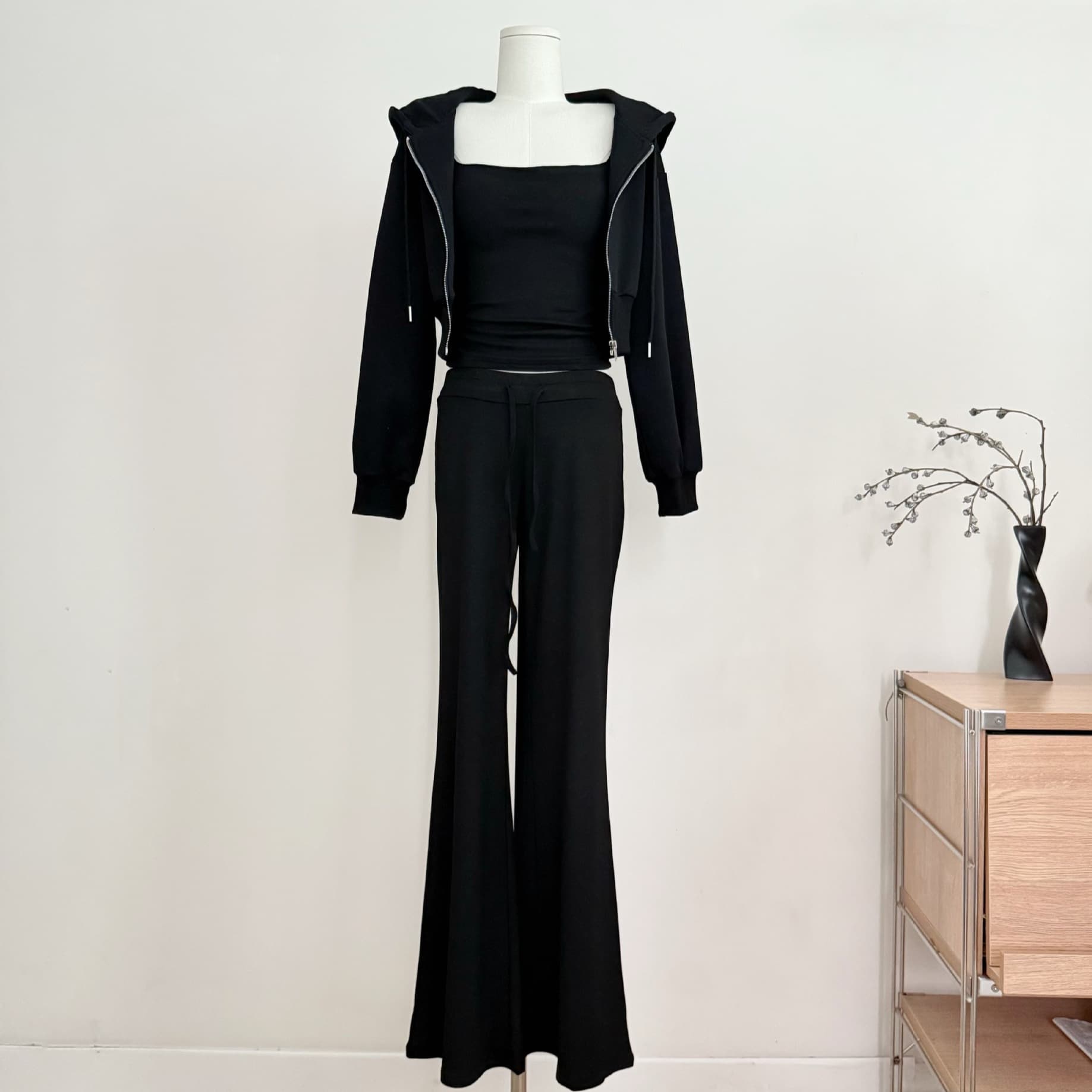 Yuanying Air Hoodie Set Short Hoodie Camisole Women's Pants Black Set Black 3-Piece Other